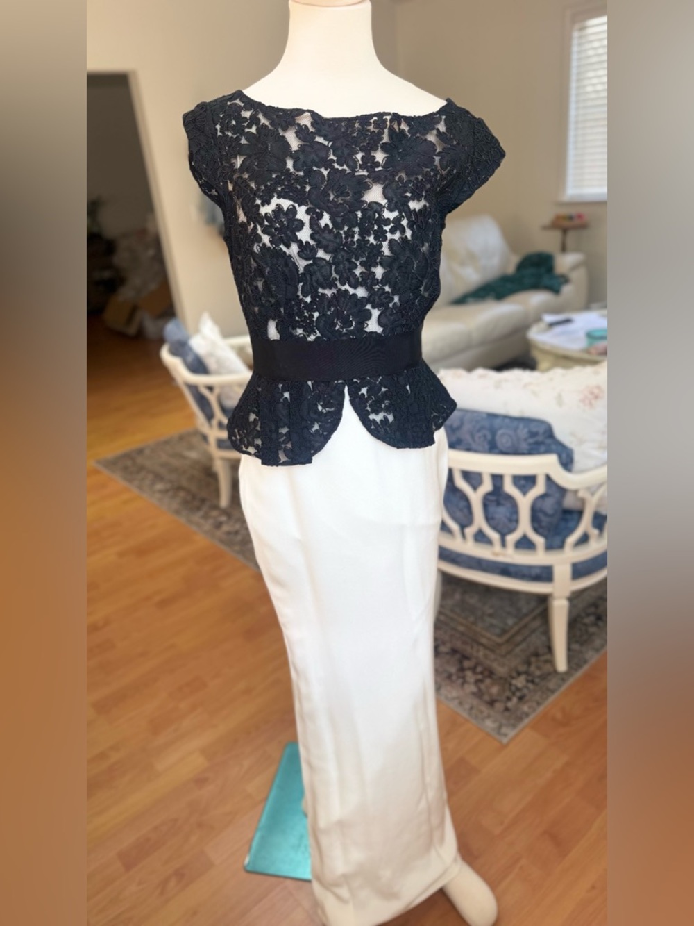 Marchesa Black Lace & White Silk Maxi Dress
